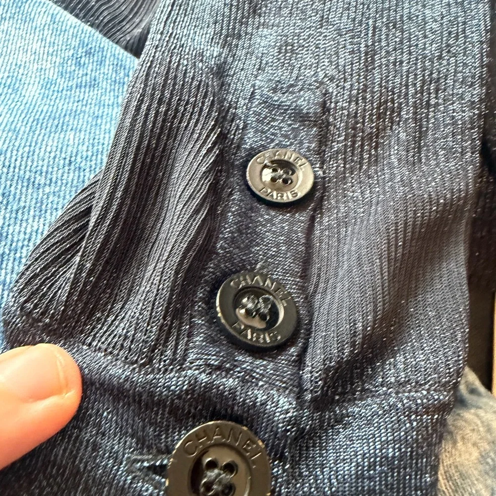 CHANEL womens Navy and Dark metallic Blue Striped V-Neck Cardigan
